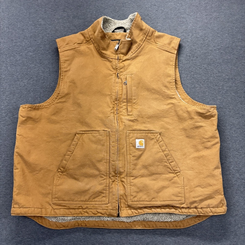 Carhartt Washed Duck Sherpa-Lined Vest Mens 2XL Mock Neck Loose Fit Brown Work